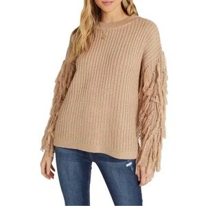 Vici Fringe Sleeve Sweater Size Small Taupe Beige Neutral Crewneck Oversized